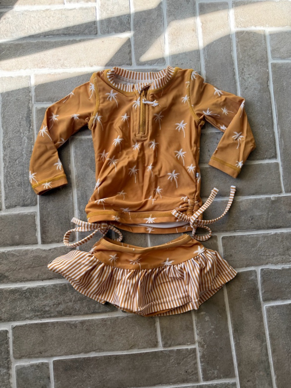 Caden Lane Kids Two-Piece Rashguard Set in Mustard with White Palm Print